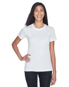 UltraClub 8620L Women’s Cool and Dry Performance T-Shirt – White (on model)