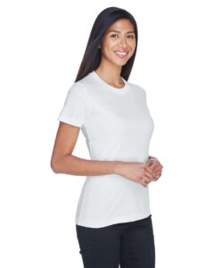UltraClub 8620L Women’s Cool and Dry Performance T-Shirt – White (on model side)
