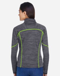 North End 78697 Women’s Flux Mélange Bonded Fleece Jacket – Carbon/ Acid Green (on model back)
