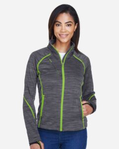 North End 78697 Women’s Flux Mélange Bonded Fleece Jacket – Carbon/ Acid Green (on model)