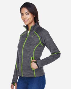 North End 78697 Women’s Flux Mélange Bonded Fleece Jacket – Carbon/ Acid Green (on model side)