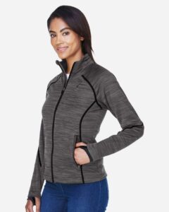 North End 78697 Women’s Flux Mélange Bonded Fleece Jacket – Carbon/ Black (on model side)
