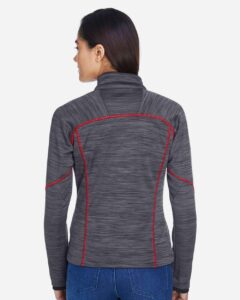 North End 78697 Women’s Flux Mélange Bonded Fleece Jacket – Carbon/ Olympic Red (on model back)