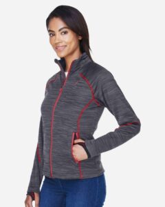North End 78697 Women’s Flux Mélange Bonded Fleece Jacket – Carbon/ Olympic Red (on model side)