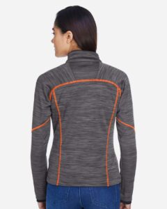 North End 78697 Women’s Flux Mélange Bonded Fleece Jacket – Carbon/ Orange Soda (on model back)