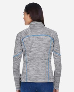 North End 78697 Women’s Flux Mélange Bonded Fleece Jacket – Platinum/ Olympic Blue (on model back)