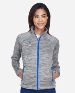 North End 78697 Women’s Flux Mélange Bonded Fleece Jacket – Platinum/ Olympic Blue (on model)