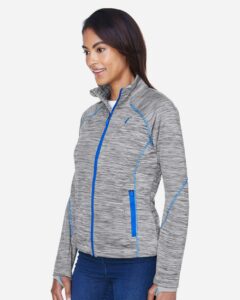 North End 78697 Women’s Flux Mélange Bonded Fleece Jacket – Platinum/ Olympic Blue (on model side)