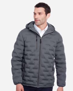 North End NE708 Men’s UTK SubDown Loft Puffer Jacket – Carbon/ Black (on model)