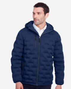 North End NE708 Men’s UTK SubDown Loft Puffer Jacket – Classic Navy/ Carbon (on model)