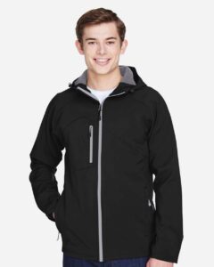 North End 88166 Men’s Prospect Two-Layer Fleece Bonded Soft Shell Hooded Jacket – Black (on model)