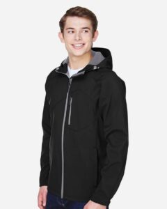 North End 88166 Men’s Prospect Two-Layer Fleece Bonded Soft Shell Hooded Jacket – Black (on model side)