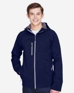 North End 88166 Men’s Prospect Two-Layer Fleece Bonded Soft Shell Hooded Jacket – Classic Navy (on model)