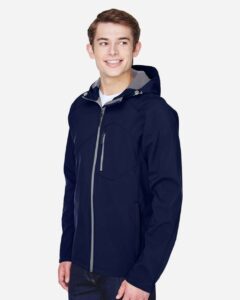 North End 88166 Men’s Prospect Two-Layer Fleece Bonded Soft Shell Hooded Jacket – Classic Navy (on model side)