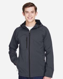 North End 88166 Men’s Prospect Two-Layer Fleece Bonded Soft Shell Hooded Jacket – Fossil Grey (on model)