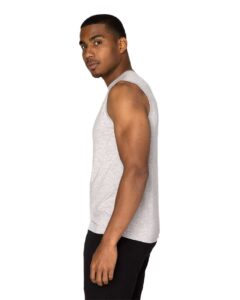 Threadfast Apparel 382T Unisex Impact Tank Top – Heather Grey (on model side)