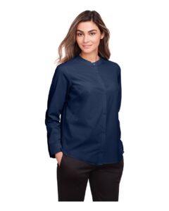 North End NE500W Women’s Borough Stretch Performance Shirt – Classic Navy (on model side)