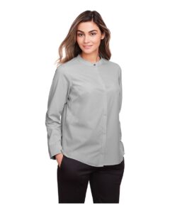 North End NE500W Women’s Borough Stretch Performance Shirt – Platinum (on model side)
