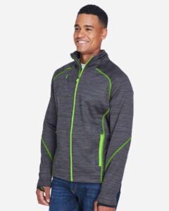 North End 88697 Men’s Flux Mélange Bonded Fleece Jacket – Carbon/ Acid Green (on model side)