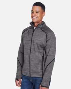 North End 88697 Men’s Flux Mélange Bonded Fleece Jacket – Carbon/ Black (on model side)