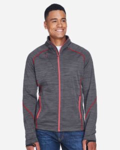 North End 88697 Men’s Flux Mélange Bonded Fleece Jacket – Carbon/ Olympic Red (on model)