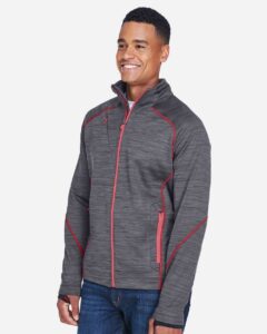 North End 88697 Men’s Flux Mélange Bonded Fleece Jacket – Carbon/ Olympic Red (on model side)