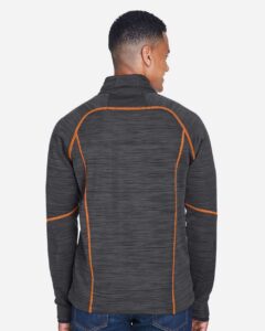 North End 88697 Men’s Flux Mélange Bonded Fleece Jacket – Carbon/ Orange Soda (on model back)
