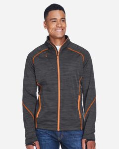 North End 88697 Men’s Flux Mélange Bonded Fleece Jacket – Carbon/ Orange Soda (on model)