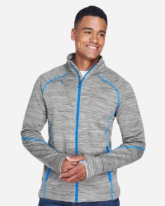 North End 88697 Men’s Flux Mélange Bonded Fleece Jacket – Platinum/ Olympic Blue (on model)