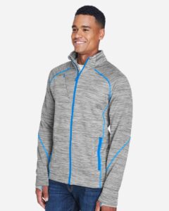North End 88697 Men’s Flux Mélange Bonded Fleece Jacket – Platinum/ Olympic Blue (on model side)