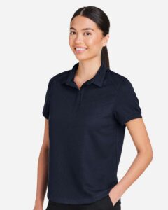 North End NE112W Women’s Express Tech Performance Polo – Classic Navy (on model side)