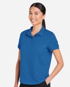 North End NE112W Women’s Express Tech Performance Polo – Light Nautical Blue (on model side)