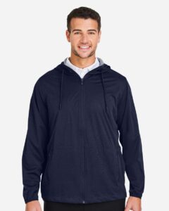 North End NE75 Men’s Network Lightweight Jacket – Classic Navy Heather (on model)