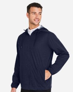 North End NE75 Men’s Network Lightweight Jacket – Classic Navy Heather (on model side)