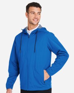 North End NE75 Men’s Network Lightweight Jacket – Light Nautical Blue Heather (on model side)