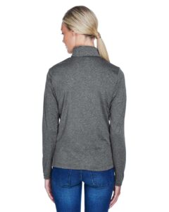 UltraClub 8618W Women’s Cool & Dry Heathered Performance Quarter-Zip Pullover – Black Heather (on model back)
