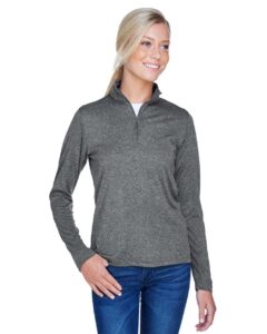 UltraClub 8618W Women’s Cool & Dry Heathered Performance Quarter-Zip Pullover – Black Heather (on model)
