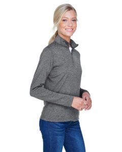 UltraClub 8618W Women’s Cool & Dry Heathered Performance Quarter-Zip Pullover – Black Heather (on model side)