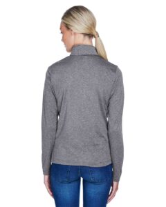 UltraClub 8618W Women’s Cool & Dry Heathered Performance Quarter-Zip Pullover – Charcoal Heather (on model back)