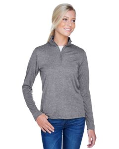 UltraClub 8618W Women’s Cool & Dry Heathered Performance Quarter-Zip Pullover – Charcoal Heather (on model)