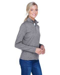 UltraClub 8618W Women’s Cool & Dry Heathered Performance Quarter-Zip Pullover – Charcoal Heather (on model side)