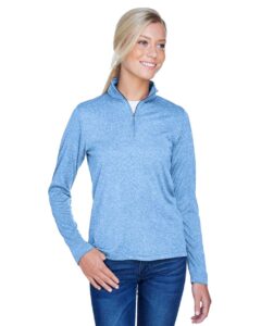 UltraClub 8618W Women’s Cool & Dry Heathered Performance Quarter-Zip Pullover – Columbia Blue Heather (on model)