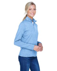 UltraClub 8618W Women’s Cool & Dry Heathered Performance Quarter-Zip Pullover – Columbia Blue Heather (on model side)
