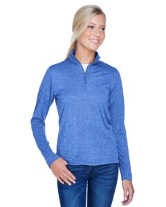 UltraClub 8618W Women’s Cool & Dry Heathered Performance Quarter-Zip Pullover – Royal Heather (on model)