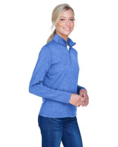UltraClub 8618W Women’s Cool & Dry Heathered Performance Quarter-Zip Pullover – Royal Heather (on model side)