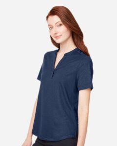 North End NE102W Women’s Replay Recycled Polo – Classic Navy (on model side)