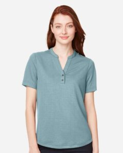 North End NE102W Women’s Replay Recycled Polo – Opal Blue (on model)