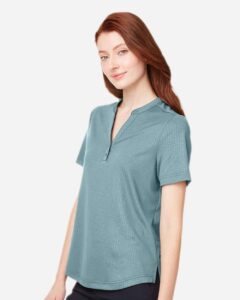 North End NE102W Women’s Replay Recycled Polo – Opal Blue (on model side)