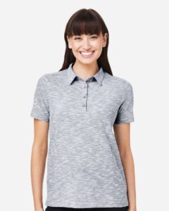 North End NE115W Women’s Eclipse Jacquard Polo – Black Heather (on model)