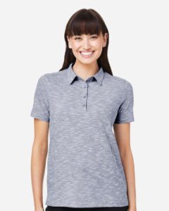 North End NE115W Women’s Eclipse Jacquard Polo – Classic Navy Heather (on model)